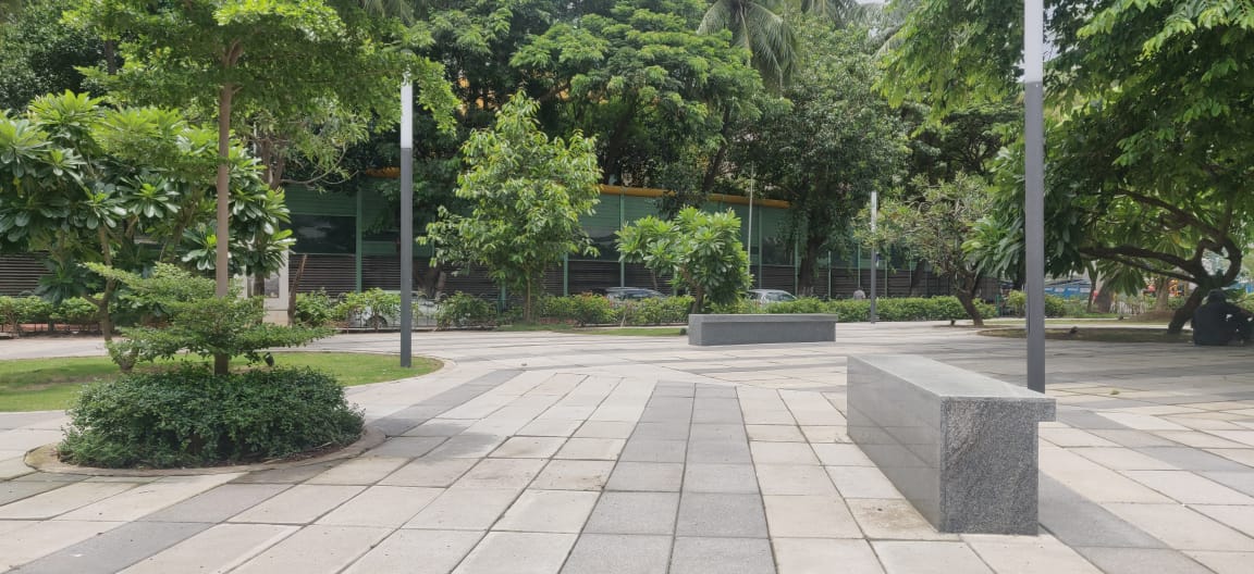 Beautiful garden landscape at BKC Park with lawn and plantation design